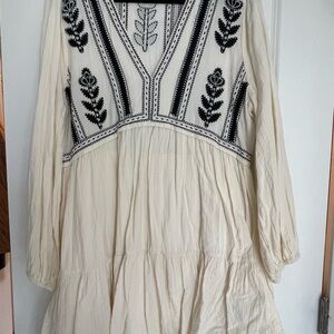 Cream Boho Embroidered Peasant Dress with Black Floral Detail Zara